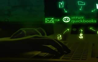 Glowing QuickBooks icons show key features, asking: What Is QuickBooks Cleanup—and How Much Does It Cost in Denver? DK/RK Services has answers.